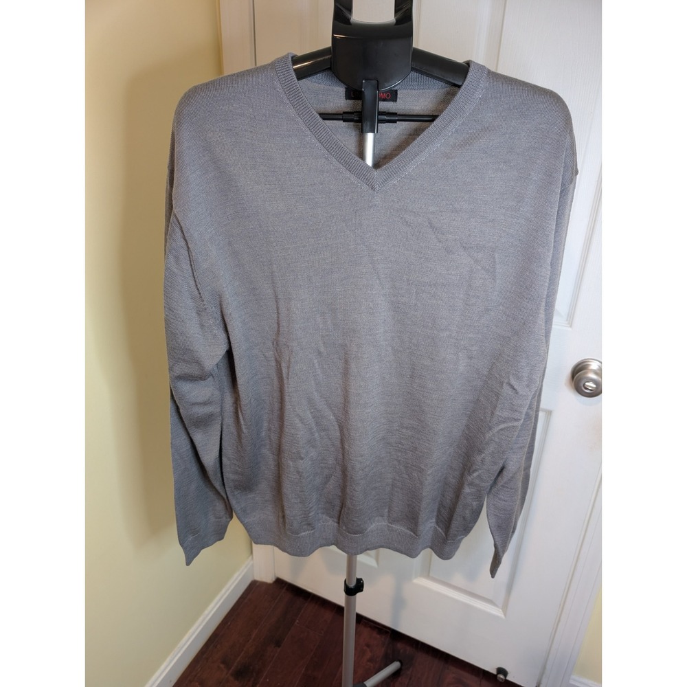 Linea Uomo V-Neck Sweater Mens XL Grey Wool Blend Fine Knit Long Sleeve Pullover